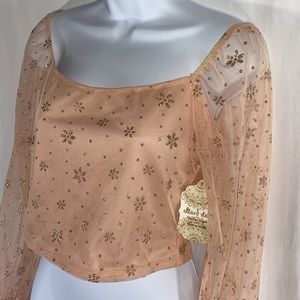 NWOT  Rose pink floral sparkle top mesh sleeves